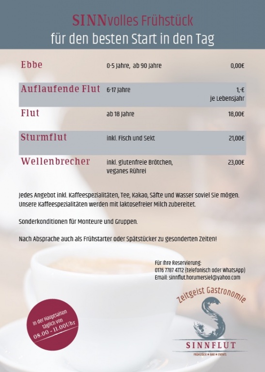Frühstückskarte vom Restaurant Sinnflut 